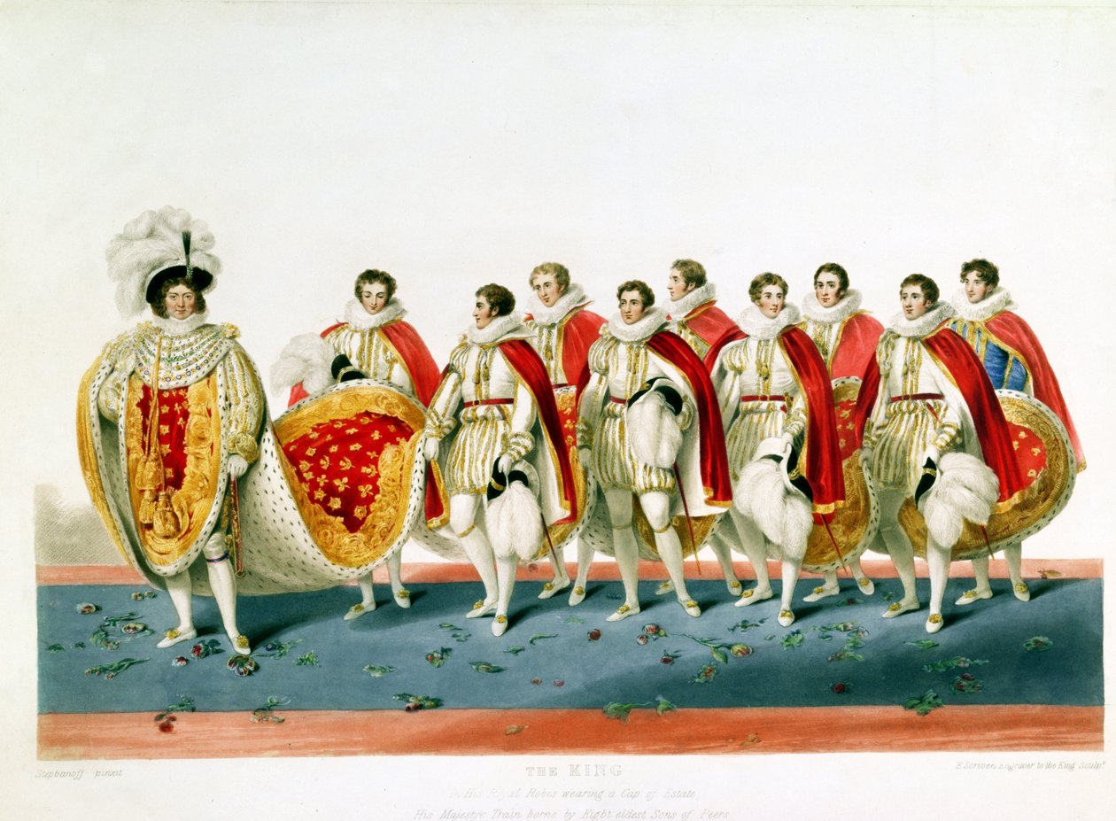 Jerzy IV w szatach koronacyjnych ubrany w czapkę majątku, grawerowany przez E. Scrivenora, z płyty Sir George