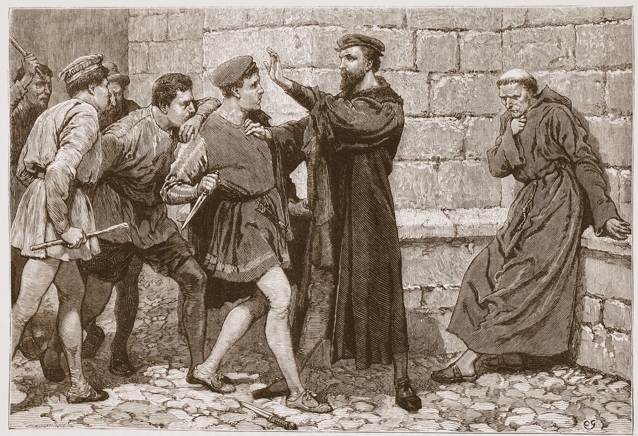 George Wishart chroniący swojego niedoszłego zabójcę, ilustracja z „Historii protestantyzmu” Jamesa Aitkena Wyliego (1808-1890), wyd. 1878 (grawerowanie) autorstwa English School