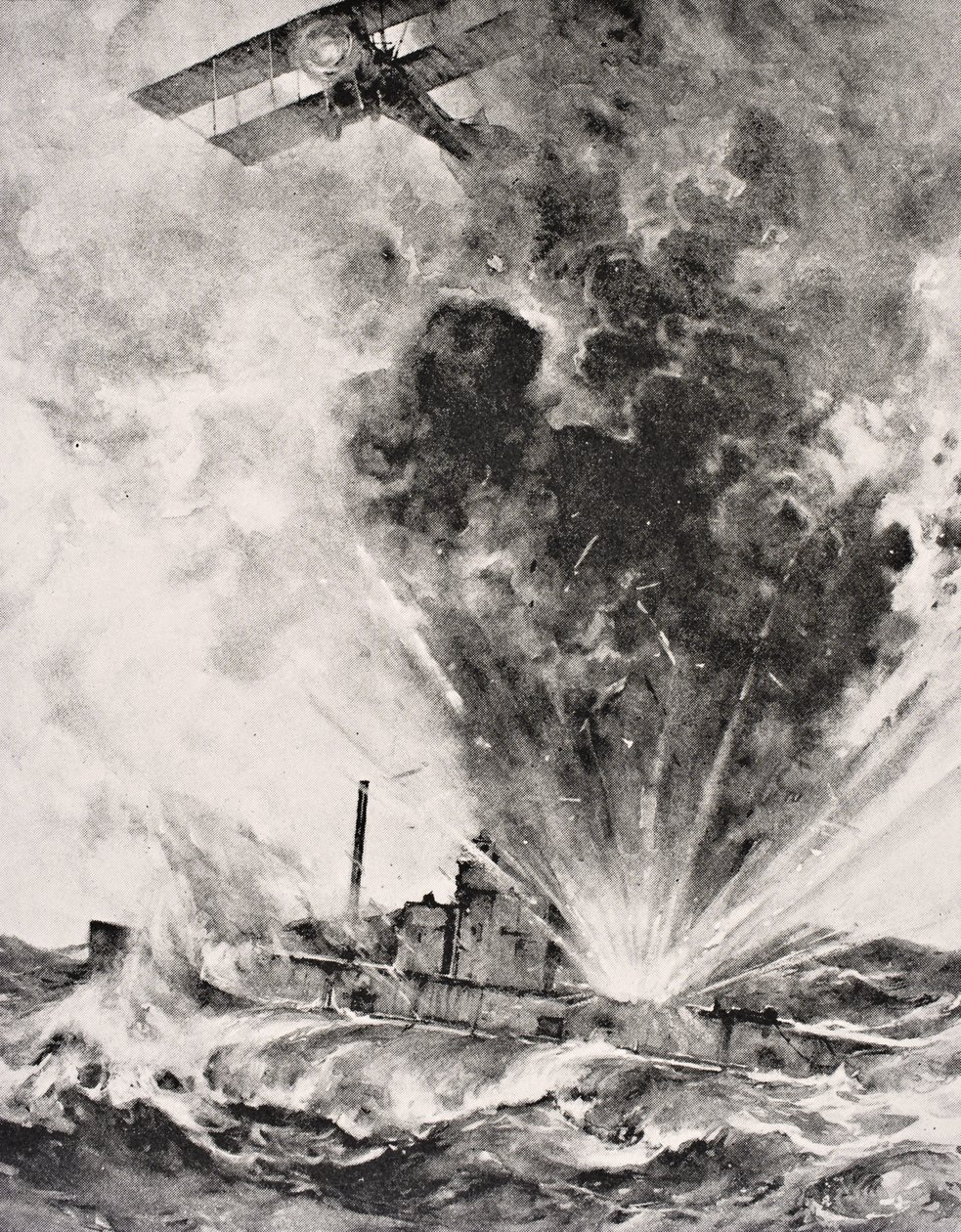 Niemiecka łódź podwodna zbombardowana i zatopiona 26 sierpnia 1915, z „The War Illustrated Album deLuxe” wydanej w Londynie 1916 (lito) autorstwa English School