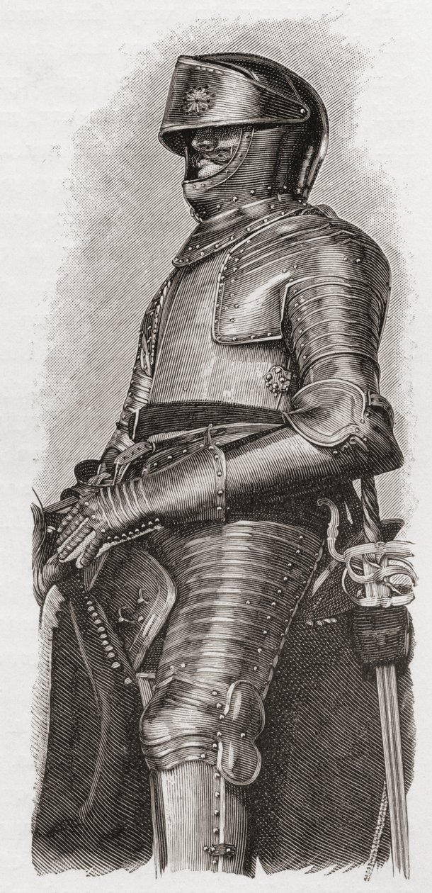 Złocona zbroja podarowana Karolowi I przez miasto Londyn, z „Krótkiej historii ludu angielskiego” J.R. Greena, opublikowanej w 1893 r. autorstwa English School