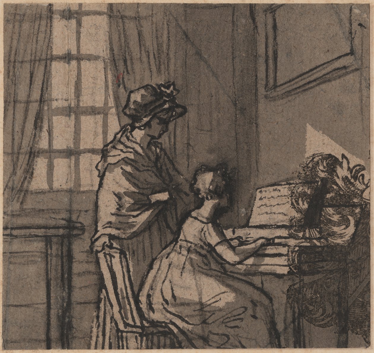 Dziewczyna przy klawikordzie, ok. 1800 (pióro i pranie na papierze) autorstwa English School