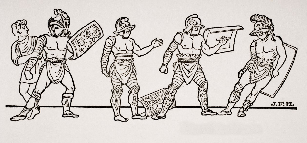 Gladiatorzy, z malowidła ściennego w Pompejach, ilustracja z Zarysu historii H.G. Wellsa, tom I, wydana w 1820 r. autorstwa English School