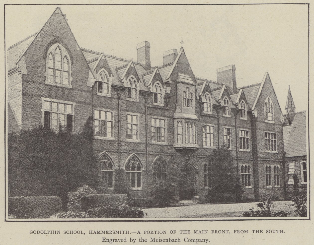 Godolphin School, Hammersmith, część głównego frontu, od południa (rycina) autorstwa English School