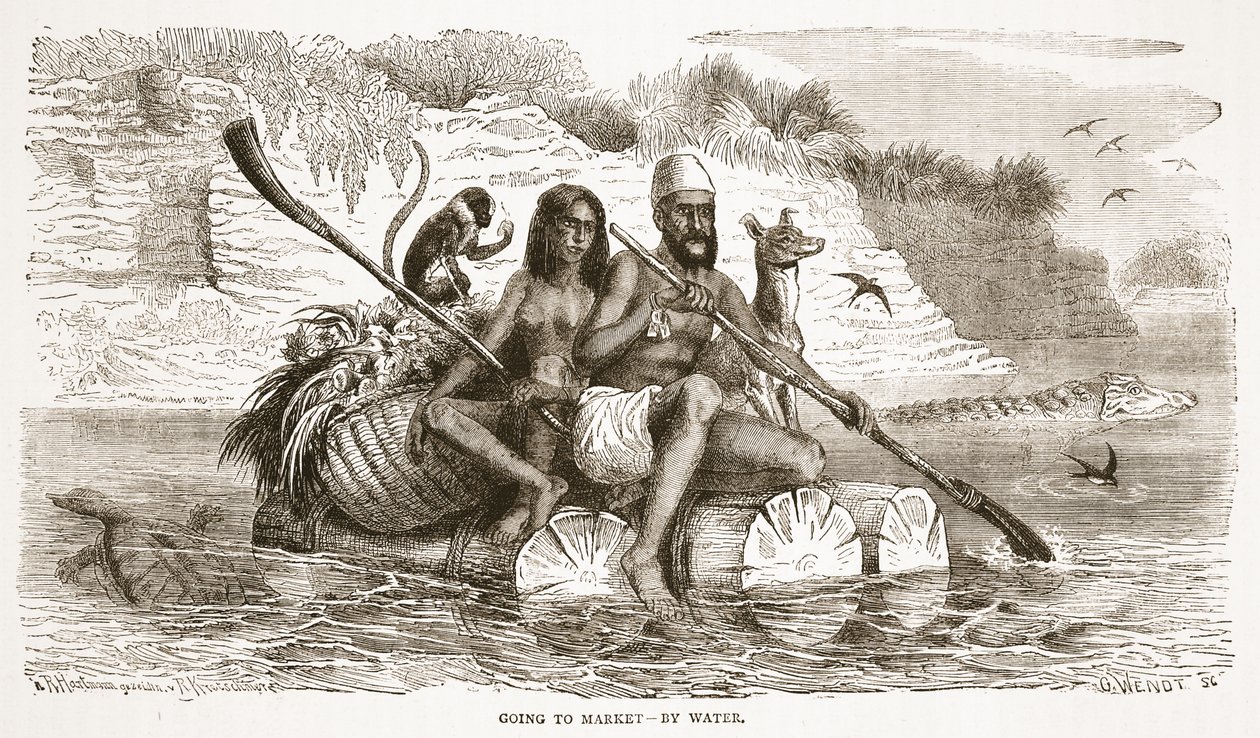 Idąc na targ – nad wodą, ilustracja z The Pictorial Edition of the Life and Discoveries of David Livingstone by J. Ewing Richie, wyd. przez A. Fullartona & Co., 1876 autorstwa English School