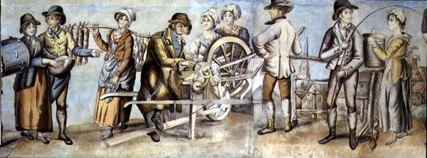 Idąc na Jarmark, detal szlifierza noży oraz kupców i kobiet, ok. 1815 (wc z gwaszem na papierze) (zob. też 107509 i 107510) autorstwa English School