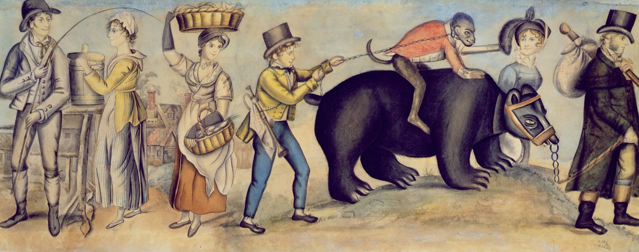 Idąc na jarmark, fragment występu niedźwiedzia i małpy, ok.1815 autorstwa English School