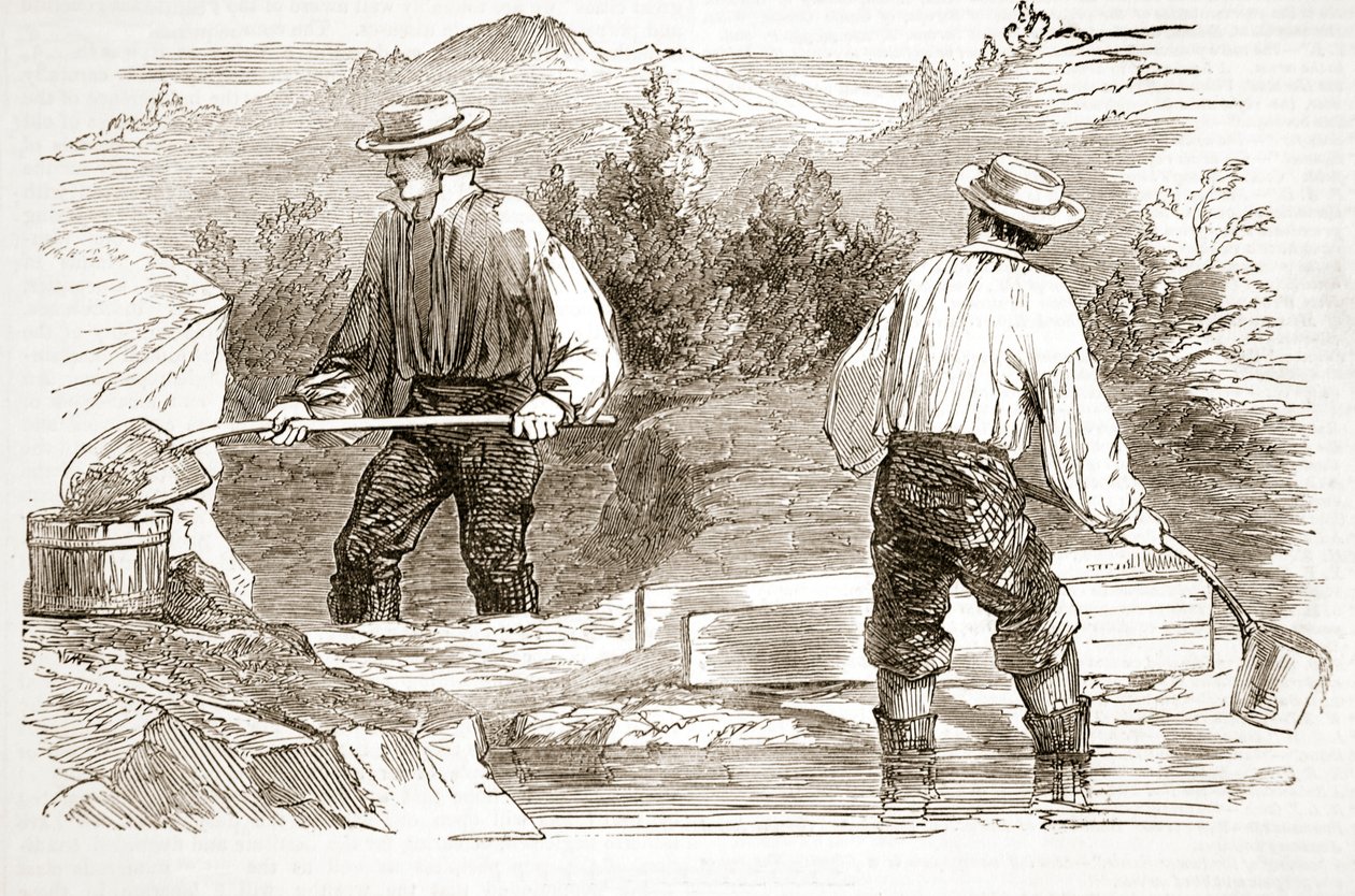 Pranie złota w wykopaliskach, z The Illustrated London News, 1849 autorstwa English School