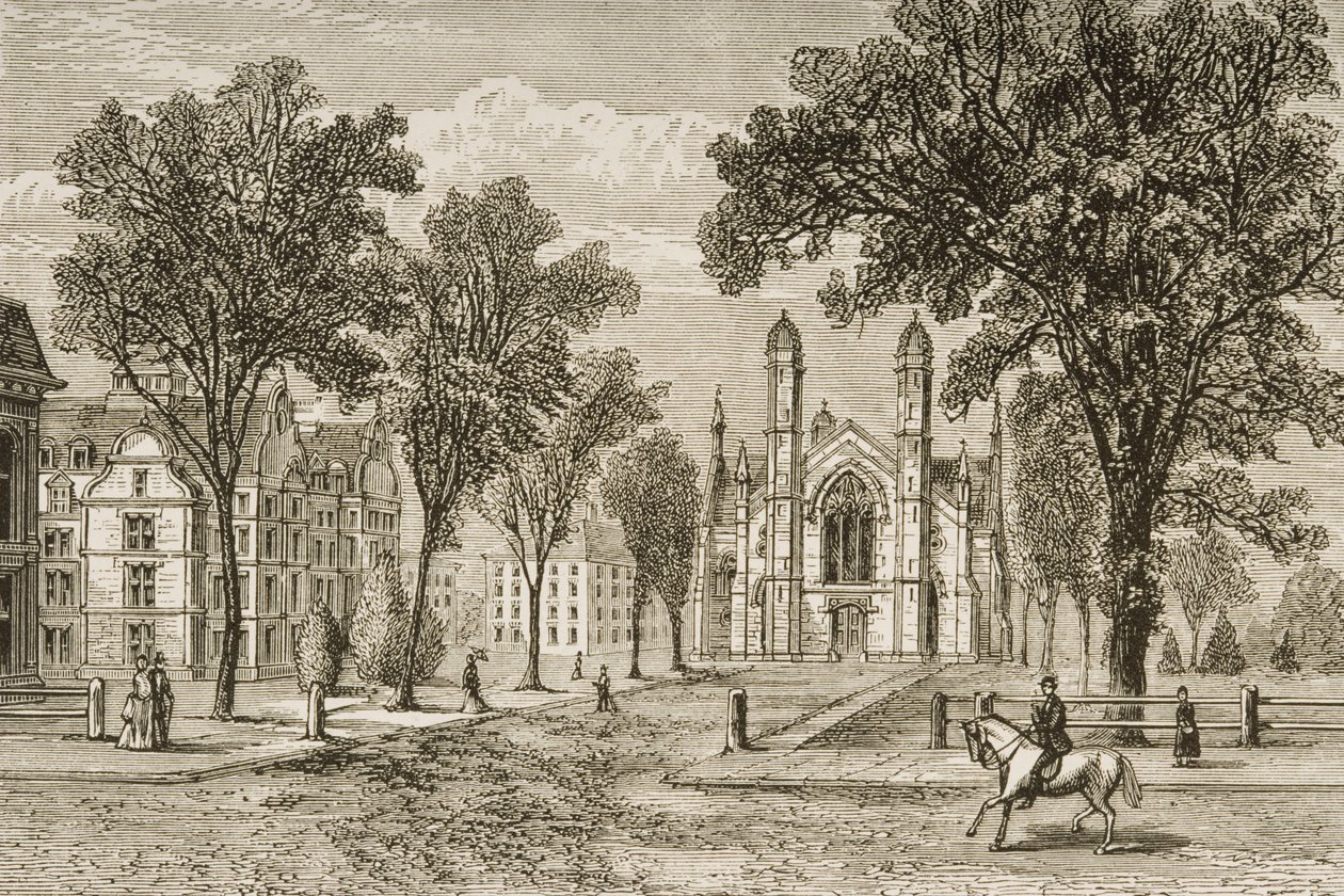 Gore Hall, Harvard University w ok. 1870, z „American Pictures” opublikowanej przez religijne Towarzystwo Traktowe, 1876 autorstwa English School