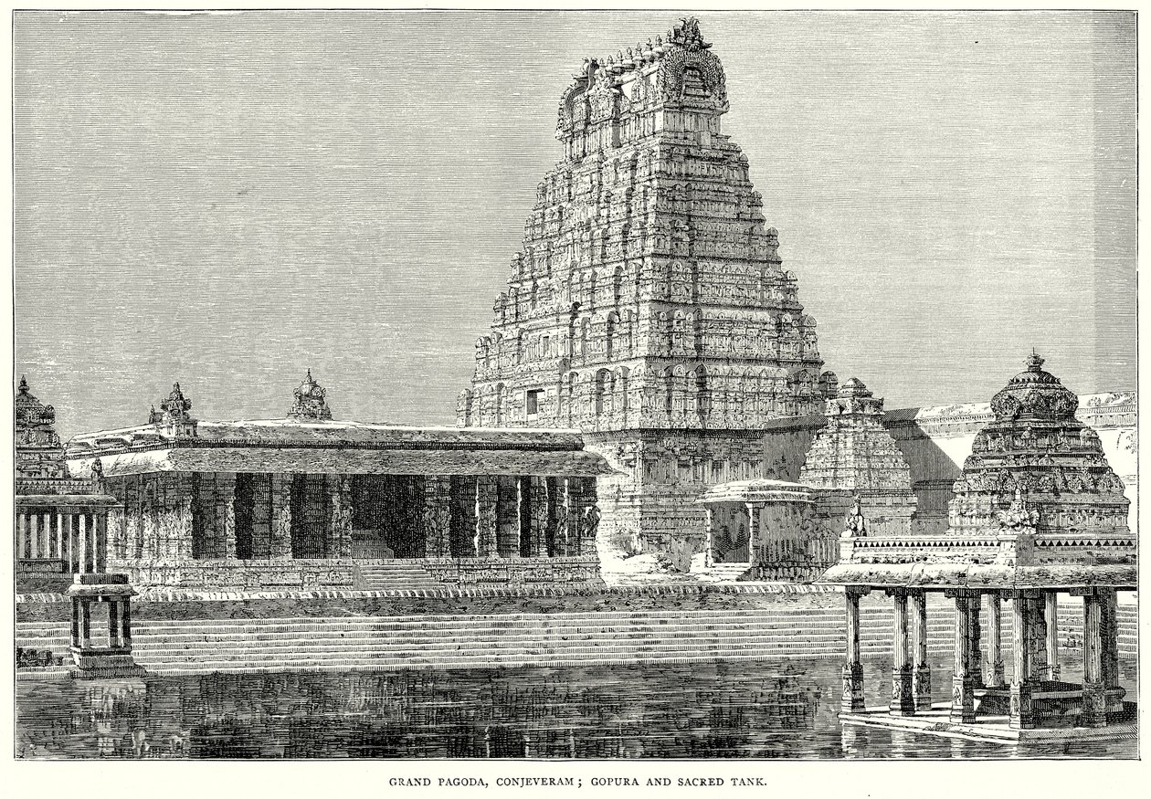 Wielka Pagoda, Conjeveram; Gopura i święty zbiornik (grawerunek) autorstwa English School