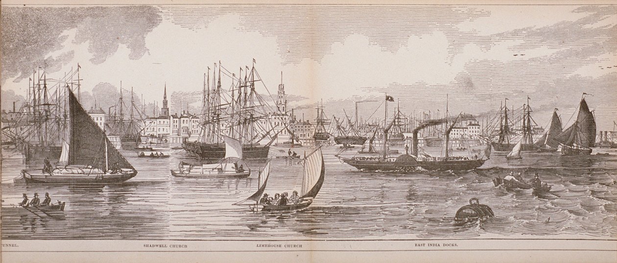 Grand Panorama of London, od Tamizy w kierunku Shadwell, East India Docks and Limehouse, 1849 (drewno) autorstwa English School