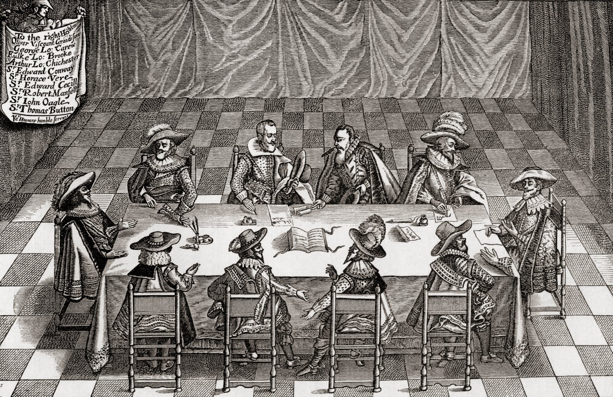 Rada Wojenna Wielkiej Brytanii za panowania Jakuba I, z „Krótkiej historii narodu angielskiego” J.R. Greena, opublikowanej w 1893 r. autorstwa English School