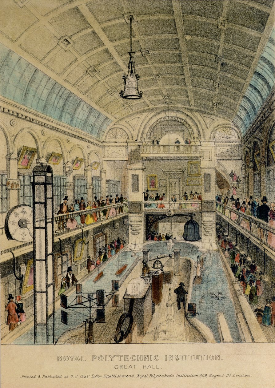 Wielka Sala Królewskiego Instytutu Politechnicznego, Regent Street, wydrukowana przez G.J. Cox, ok. 1840 autorstwa English School