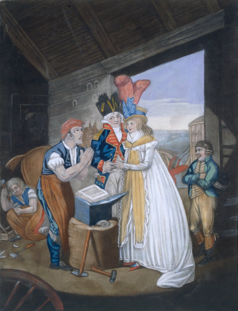 Gretna Green, czyli rozpalone małżeństwo, wyd. Autor: Aurrie i Whittle, 1794 88: Och! Panie Kowalu, złagodź nasze Bóle - i zwiąż nas szybko w Wedlocks Chains 99:female; strój tradycyjny; tra autorstwa English School