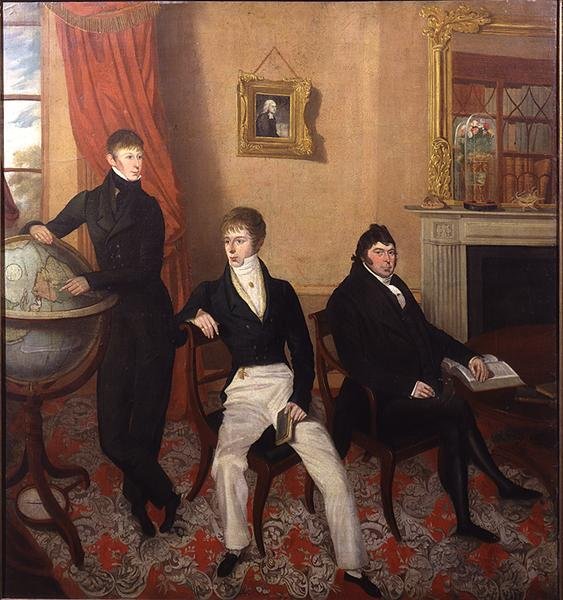 Grupowy portret trzech mężczyzn w skomplikowanym wnętrzu salonu, ok. 1825 (olej na płótnie) autorstwa English School