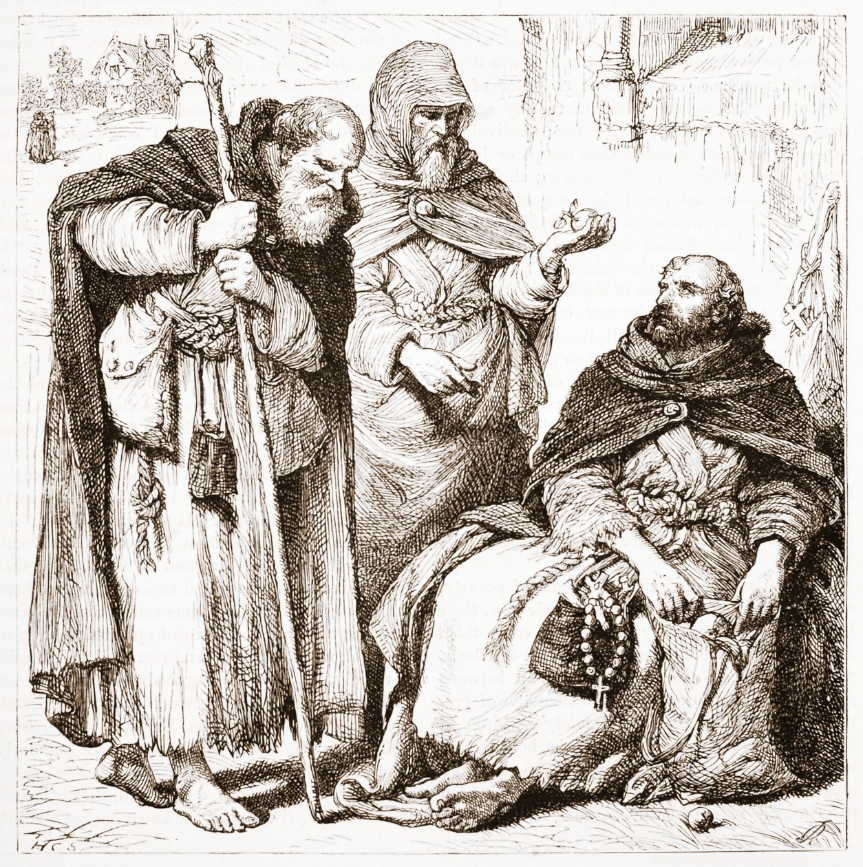 Grupa braci żebrzących, ilustracja z Historii protestantyzmu Jamesa Aitkena Wylie (1808-1890), wyd. 1878 autorstwa English School