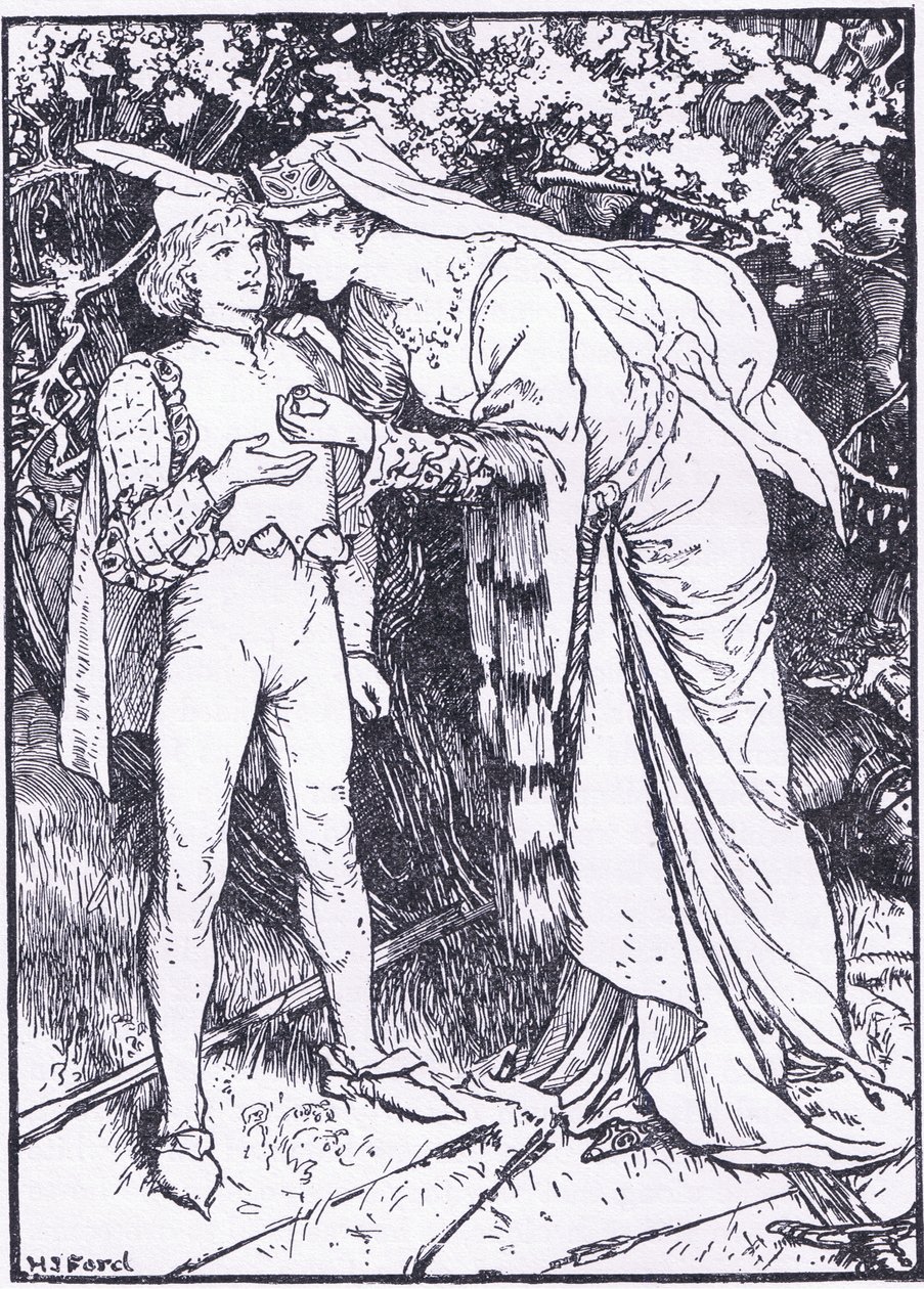 Guenevere wysyła swoją stronę do Lancelota o pomoc, ilustracja z „Księgi romansów” opublikowanej przez Longmans Green and Co autorstwa English School