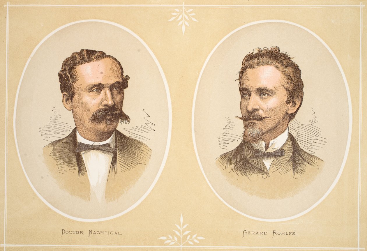 Gustav Nachtigal i Gerard Rohlfs, ilustracja z The Pictorial Edition of the Life and Discoveries of David Livingstone autorstwa J. Ewing Richie, wyd. przez A. Fullartona & Co., 1876 autorstwa English School