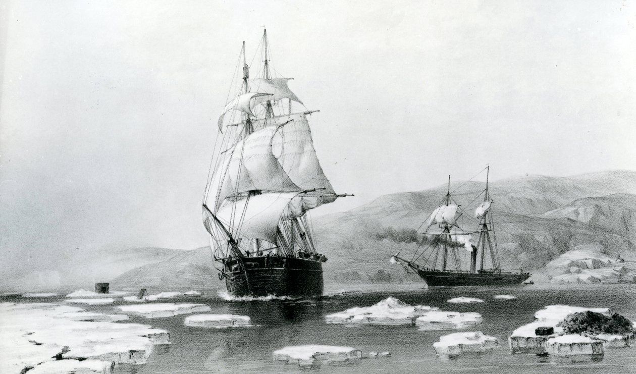 HMS Assistance i Pioneer wydostający się z kwater zimowych w 1854 roku (litografia) autorstwa English School