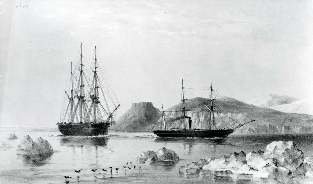 Pomoc HMS w Tow of Pioneer przechodzącej przez John Harrow Mount, North Wellington Channel w 1853 r. (litografia) autorstwa English School