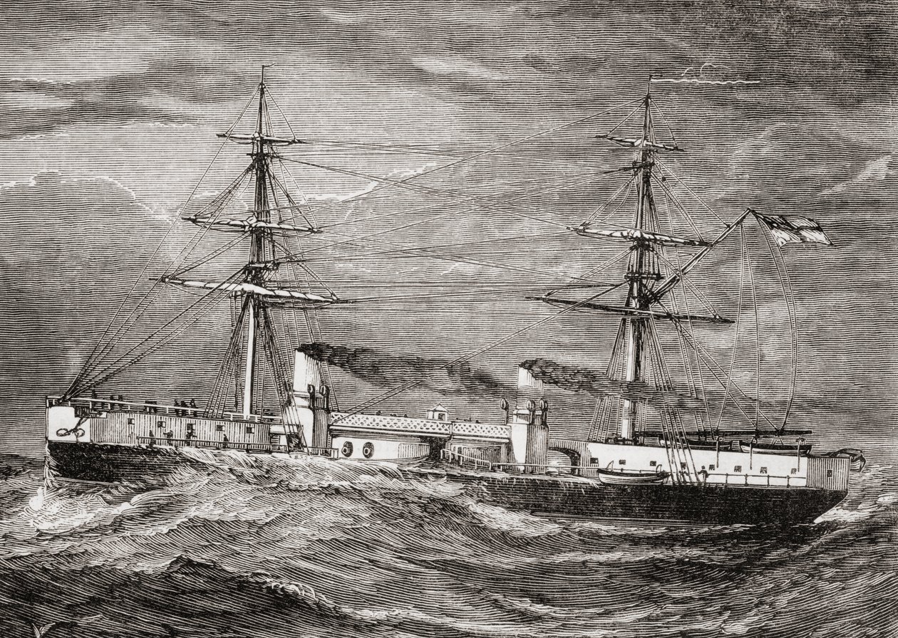 HMS Inflexible, Invincible Class Battlecruiser brytyjskiej marynarki wojennej, ilustracja z „Our Own Magazine”, opublikowanej przez Children