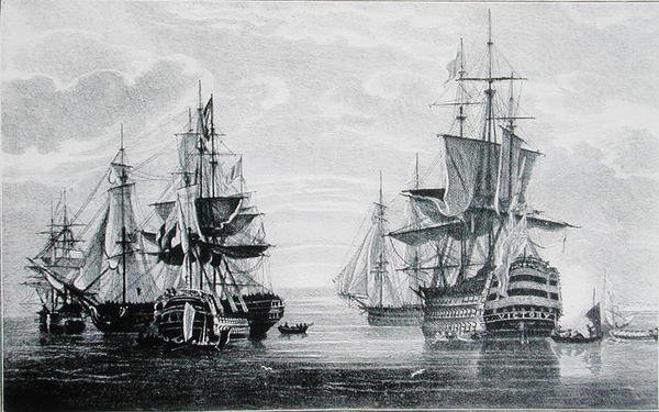HMS Statki „Agamemnon”, „Kapitan”, „Awangarda”, „Słoń” i „Zwycięstwo” (rycina) autorstwa English School