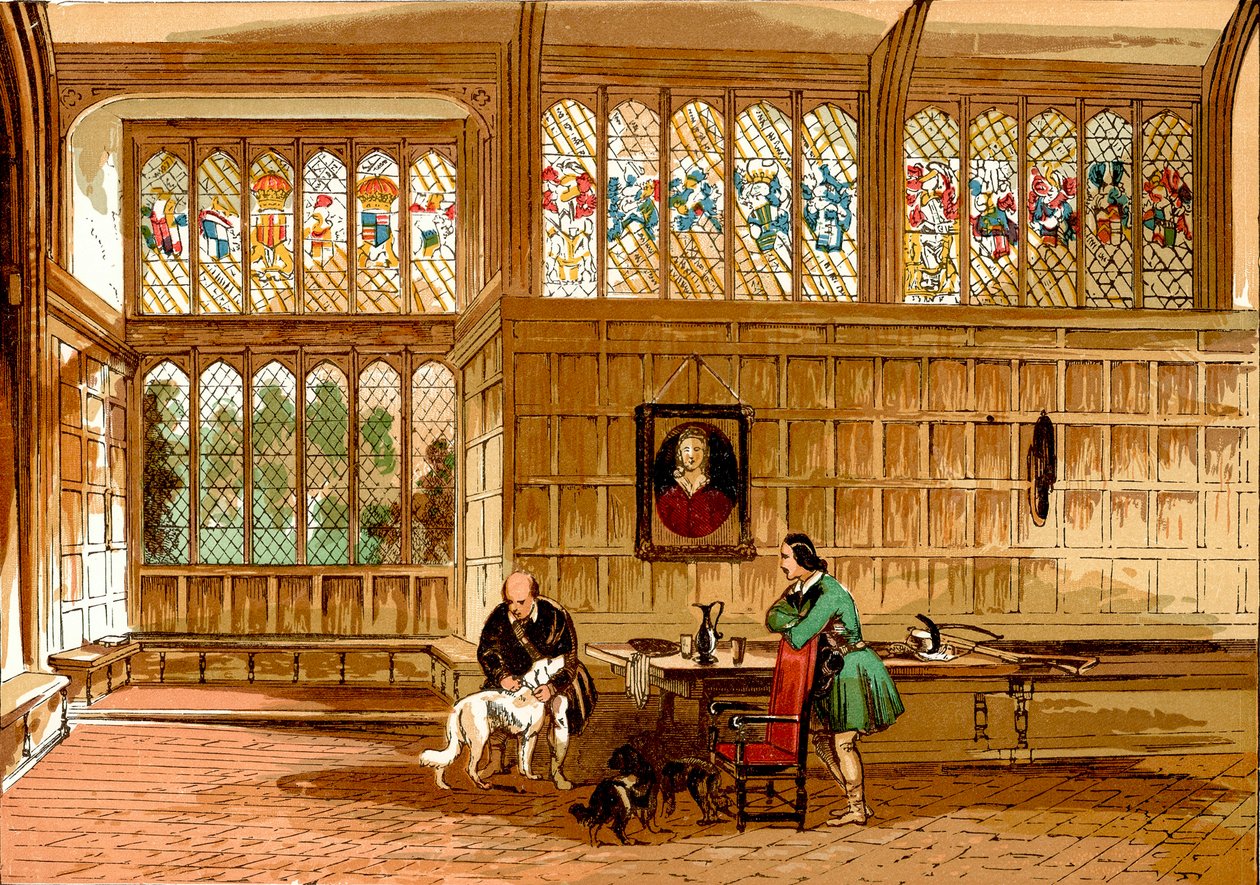 Hall w Ockwells, Berkshire (kolorowy grawerunek) autorstwa English School
