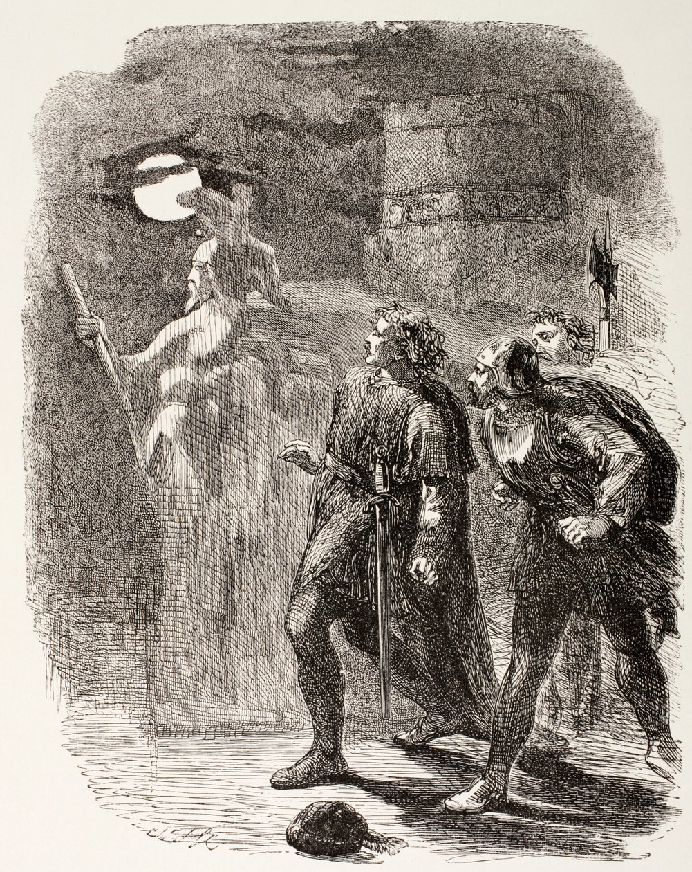 Hamlet, Horatio i Marcellus widzą Ducha, z „The Illustrated Library Shakespeare”, opublikowanej w Londynie 1890 autorstwa English School