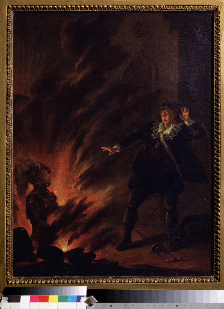 "Hamlet w obliczu ducha ojca" (Hamlet i duch ojca) Ilustracja do sztuki Hamlet Williama Szekspira (1564-1621) Obraz ze szkoły angielskiej z początku XIX wieku Wymiary 65x51 cm Pouchkine Museum , Moskwa autorstwa English School