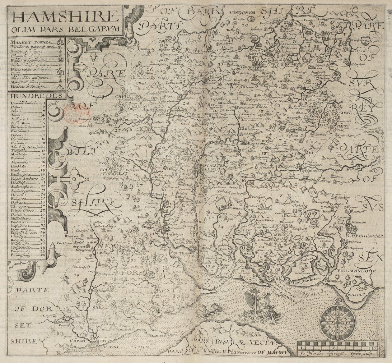 Hampshire, dawniej część Belgów. J. Norden opisany W. Hole sculp., z „Britannia” Camdena. Wydanie szóste. fol. 187 (grawerowanie) autorstwa English School