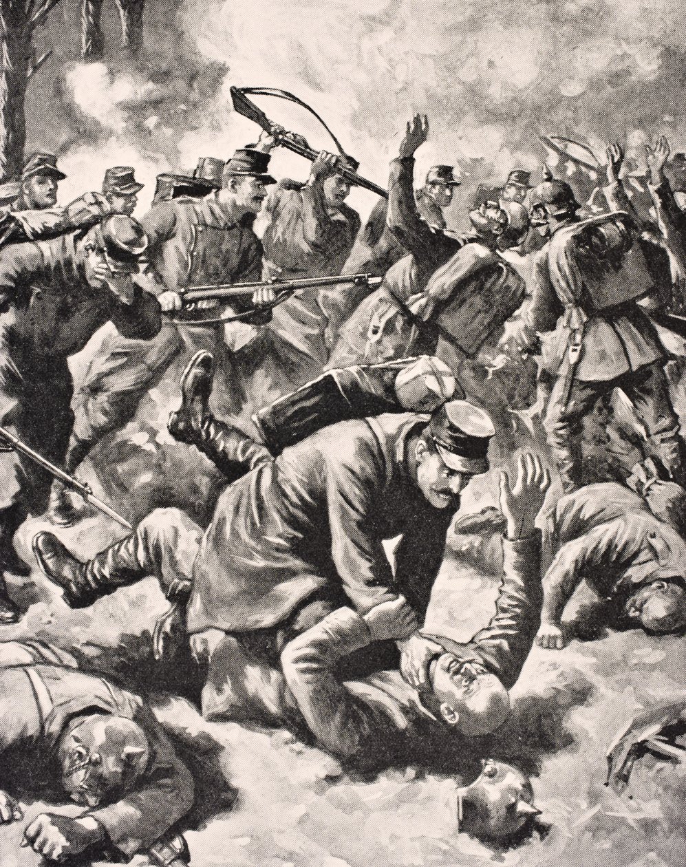 Walka wręcz między żołnierzami niemieckimi i zachodnimi, z „The War Illustrated deLuxe”, wydanej w Londynie, 1916 autorstwa English School