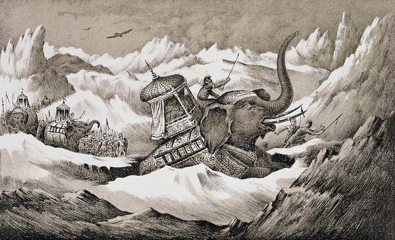 Hannibal (247-c.183 pne) i jego słonie bojowe przekraczające Alpy autorstwa English School