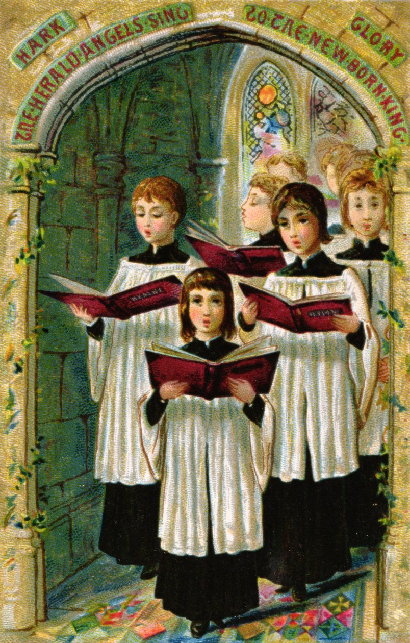 "Hark the Herald Angels Sing", wiktoriańska pocztówka autorstwa English School