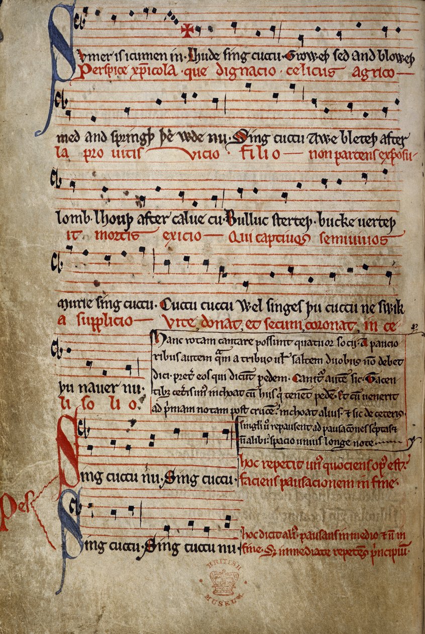 Harl 978 fol.11v Sumer is icumen in, z Letniego Kanonu (Reading Rota) (welum) autorstwa English School