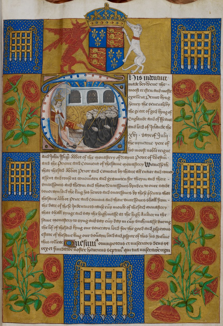 Harley 1498, f.1 Henryk VII przedstawiający Indenture Johnowi Islipowi, Opatowi Opactwa Westminsterskiego, Indentures Opactwa Westminsterskiego (wellum) autorstwa English School