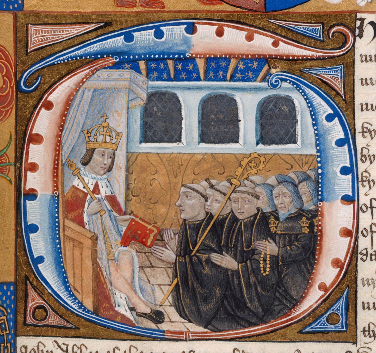 Harley 1498, f.59 Historyczny inicjał przedstawiający króla Henryka VII otrzymującego księgę, ilustracja z 