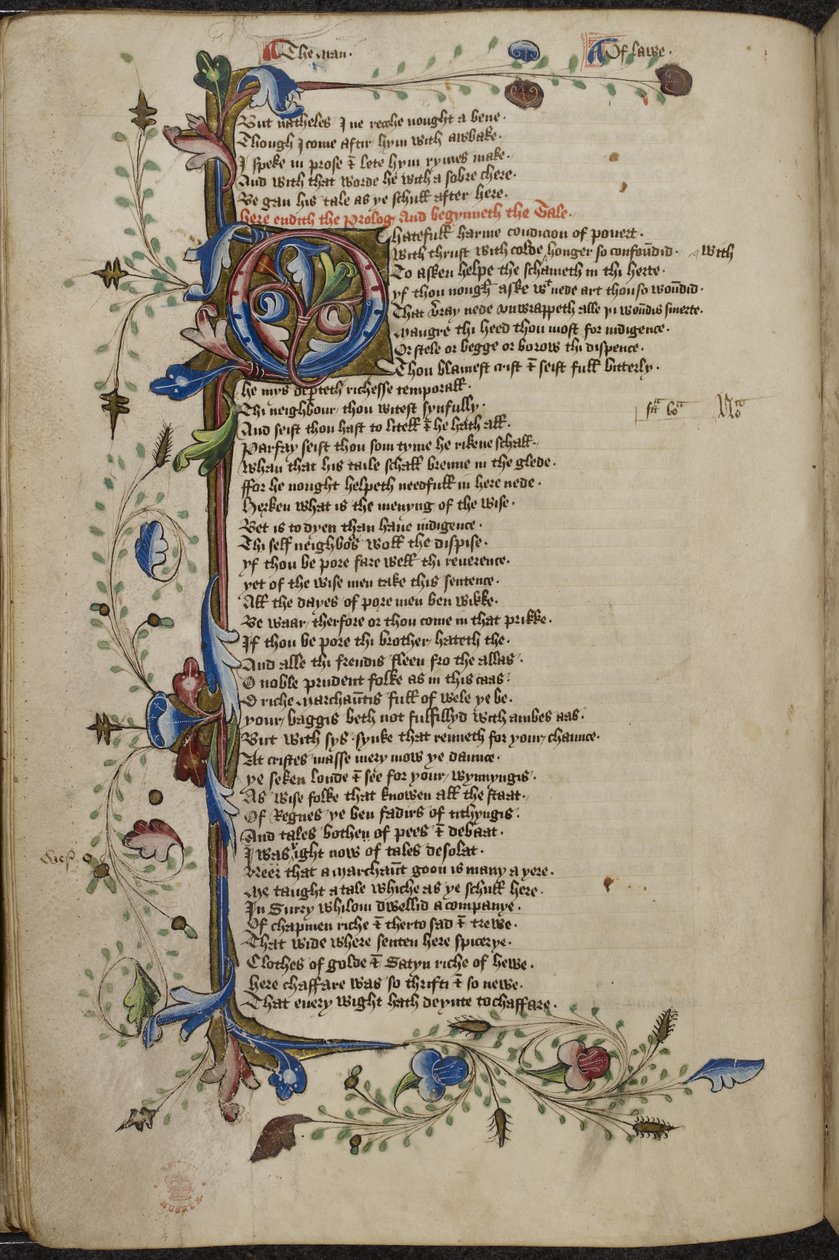 Harley 1758, f.56v Bar obramowanie i inicjał „O” (nienawistny) z początku Man of Law