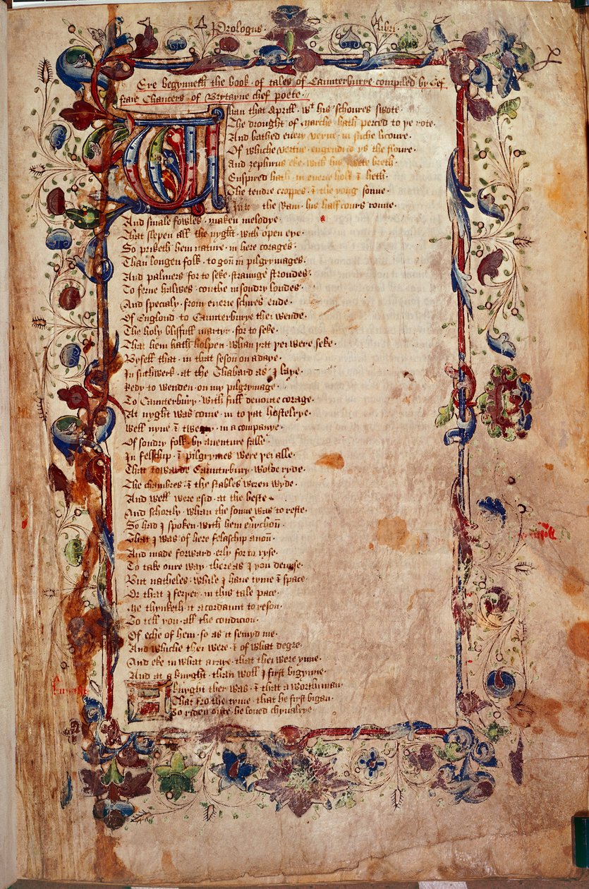 Harley 1758, fol.1, Prolog, z „Opowieści kanterberyjskich” Geoffreya Chaucera, ok.1450-60 (welum) autorstwa English School