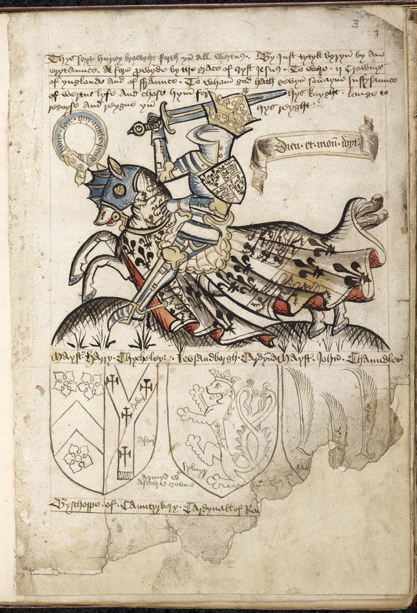 Harley 2169 fa. 3 Henryk VI na koniu, herby w czasach Henryka VI (welum) autorstwa English School