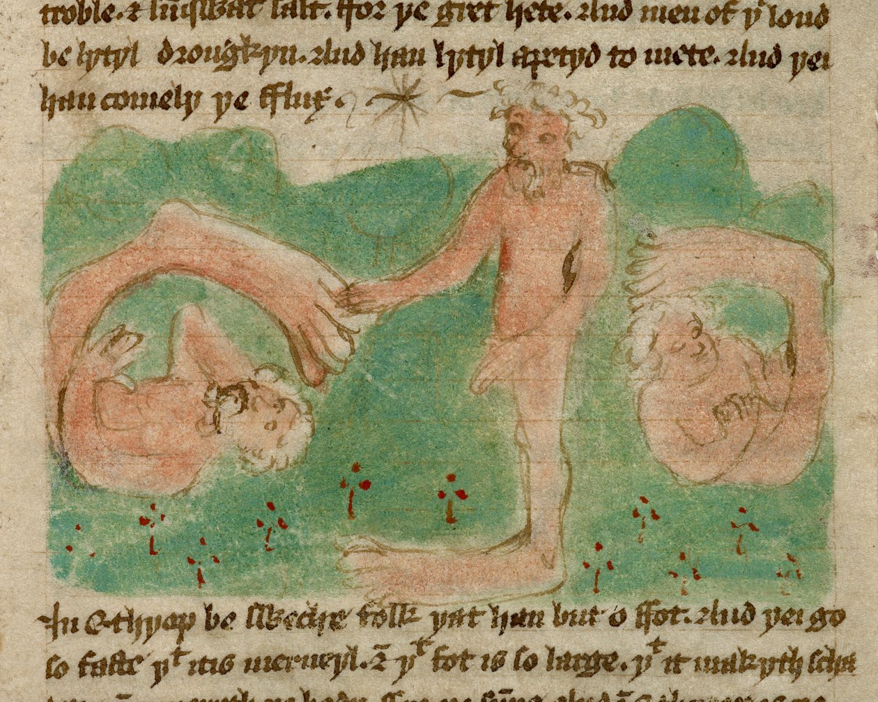 Harley 3954, f.31, Kolorowy rysunek przedstawiający mitycznych mieszkańców Etiopii urodzonych z jedną nogą (sciopod), aby osłonić ich przed słońcem, z „Podróży Sir Johna Mandeville