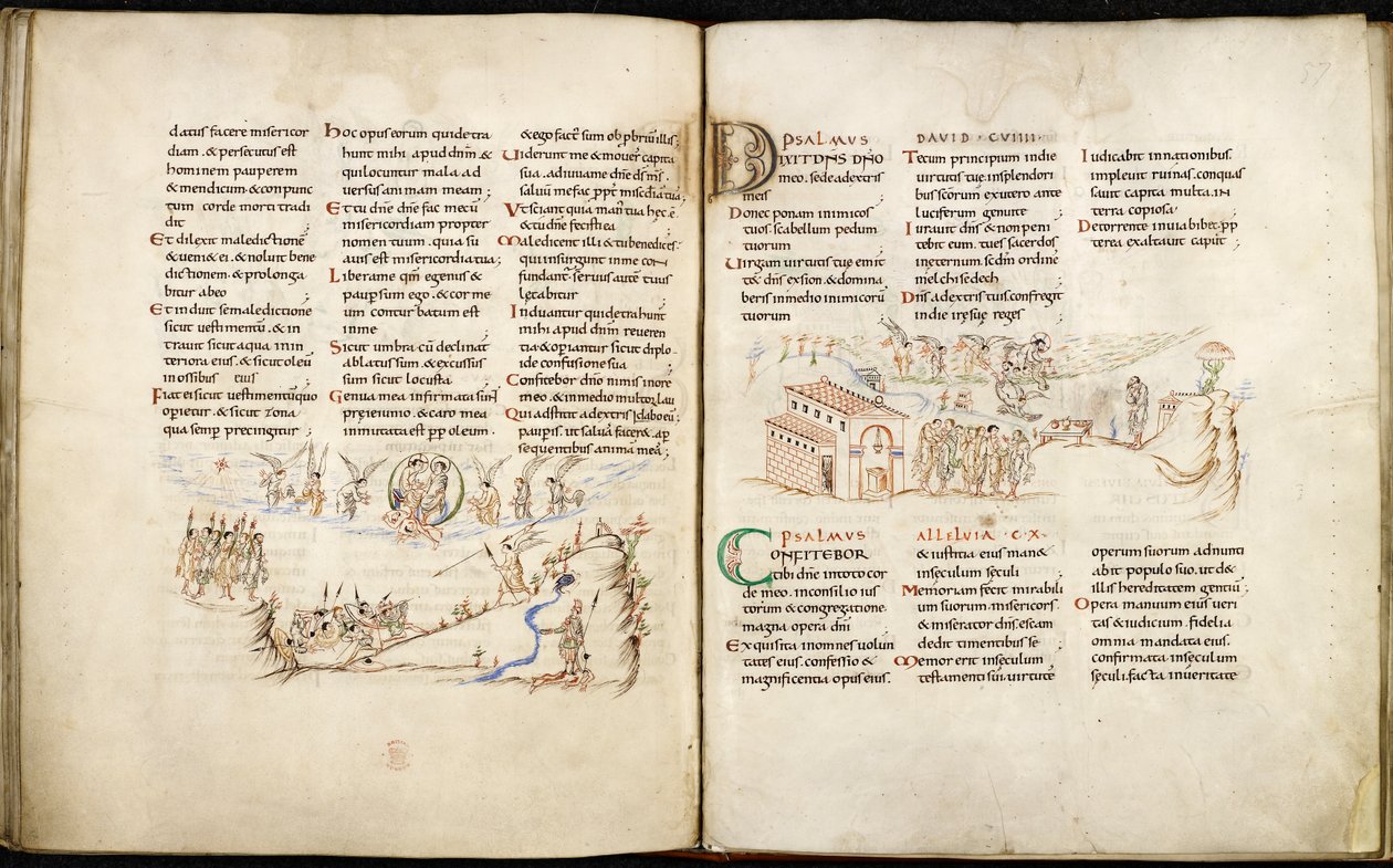 Harley 603 ff.56v-57, Dwustronicowa rozkładówka z Harley Psalter z rysunkami pióra. autorstwa English School