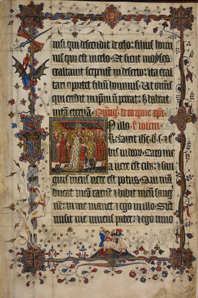 Harley 7026, f.13 Święto Bożego Ciała, z Lekcjonarza Lovel, przed 1408 (welum) autorstwa English School