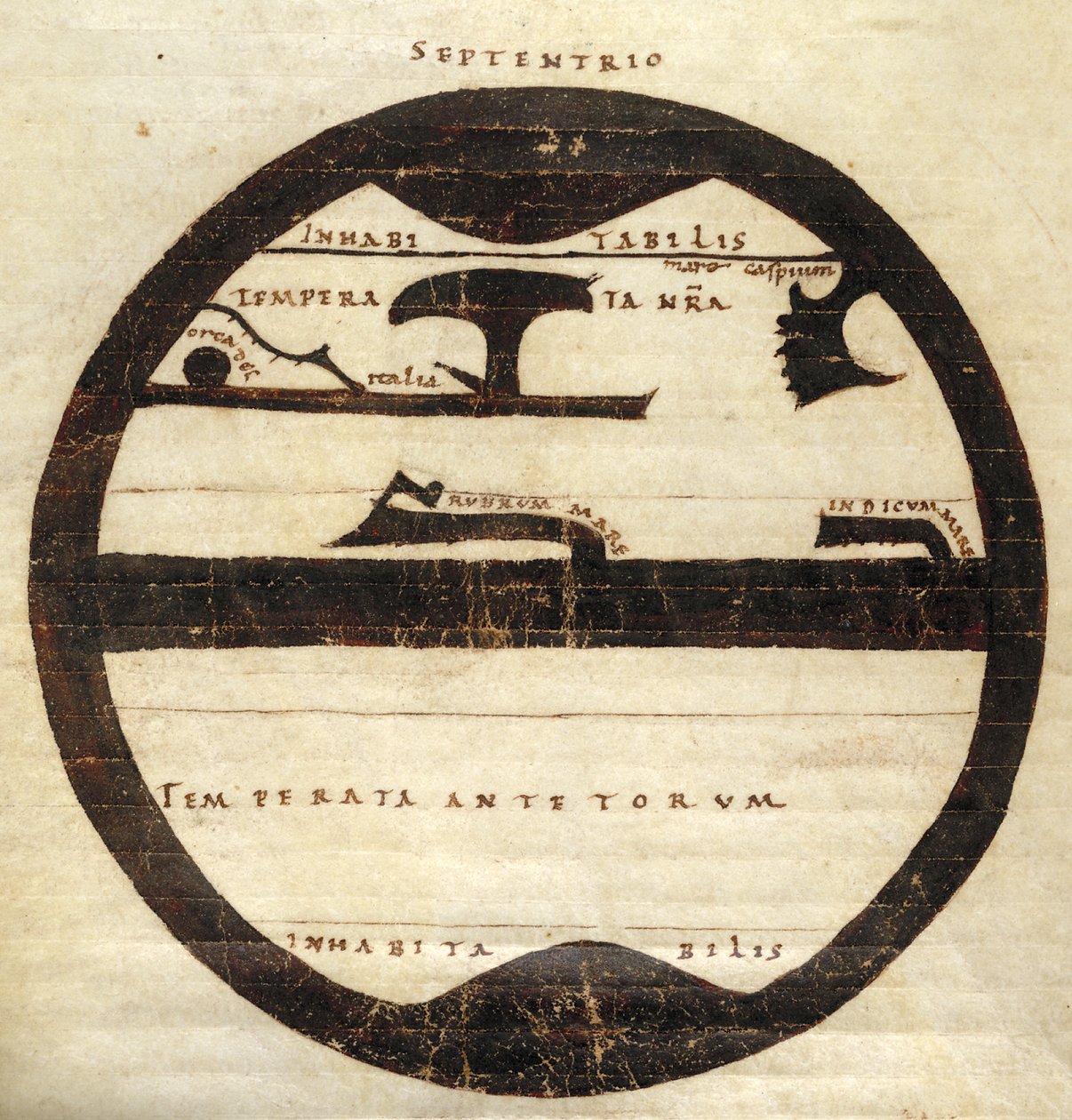 Harley MS 2772 fa. 70v, Diagrammatic Strefowa Mapa Świata, ok.1050 (tusz i tempera na pergaminie) autorstwa English School
