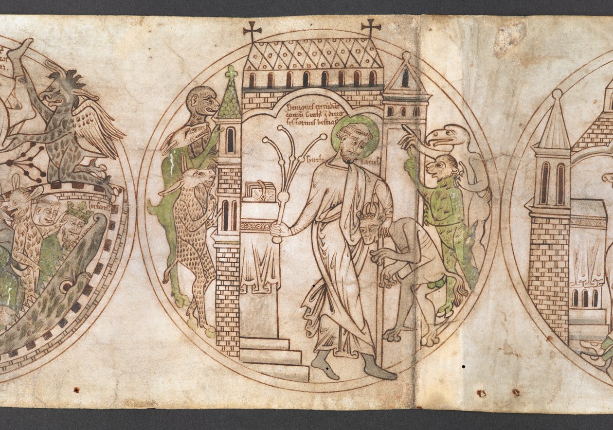 Harley Roll Y 6, Roundel 9, Roundel of St Guthlac (oznaczony jako „Guthlacus”) biczujący bestialskie demony, które najechały jego dom [um]”. z „Życia Guthlaca” ( autorstwa English School