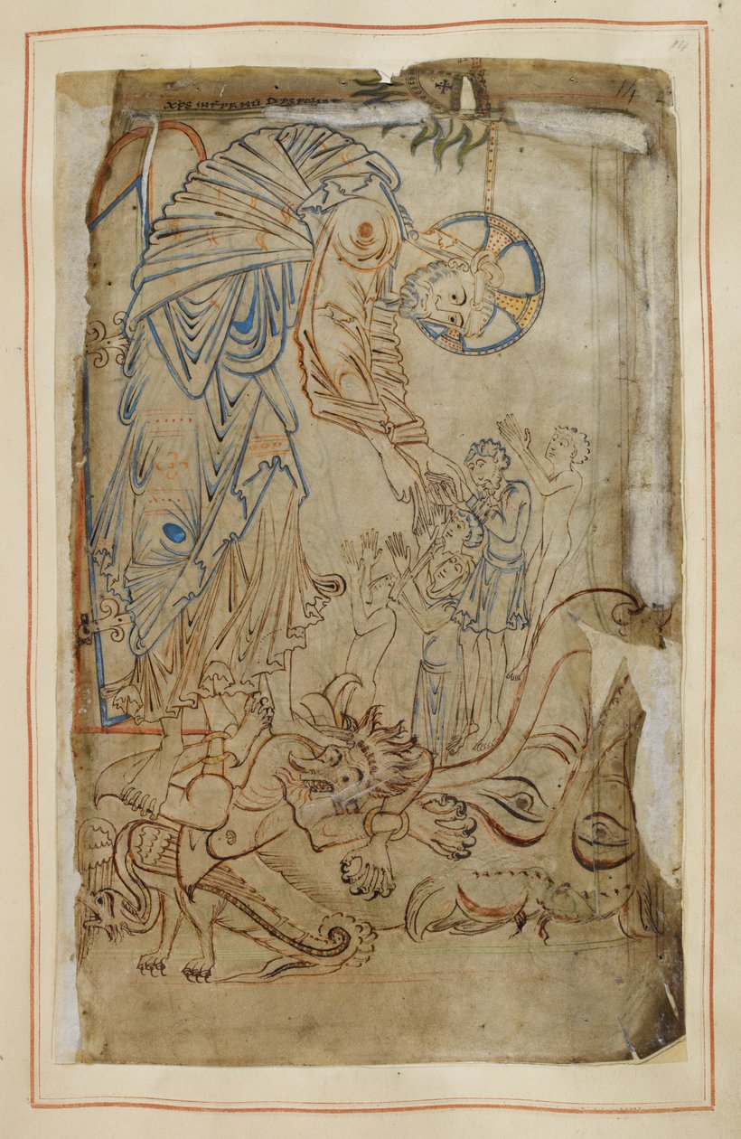 Nękanie piekła, z "Psałterza Tyberiusza", Cotton MS Tiberius C VI, f.14, ok. 1050 r. (welin) autorstwa English School