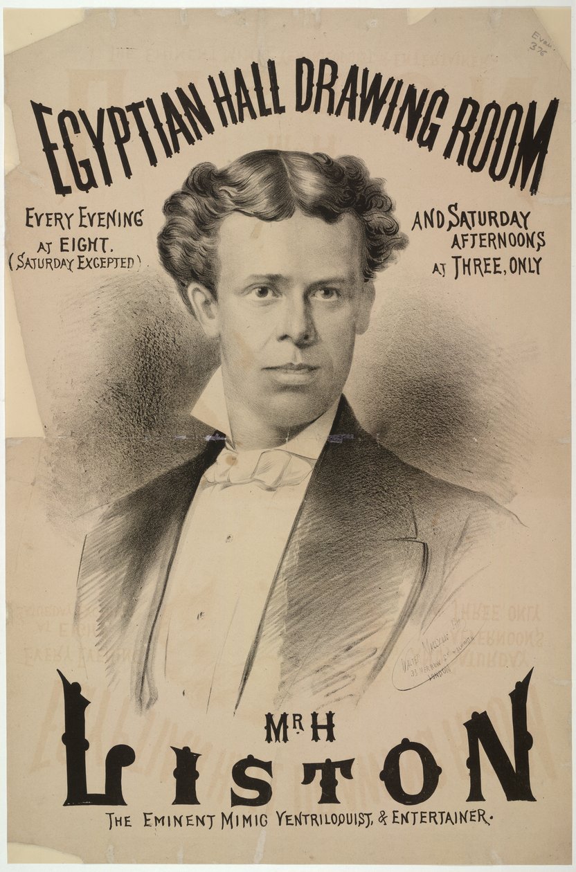 Harry Liston, brzuchomówca i artysta estradowy, który pojawił się w sali egipskiej w 1878 roku (lito) autorstwa English School