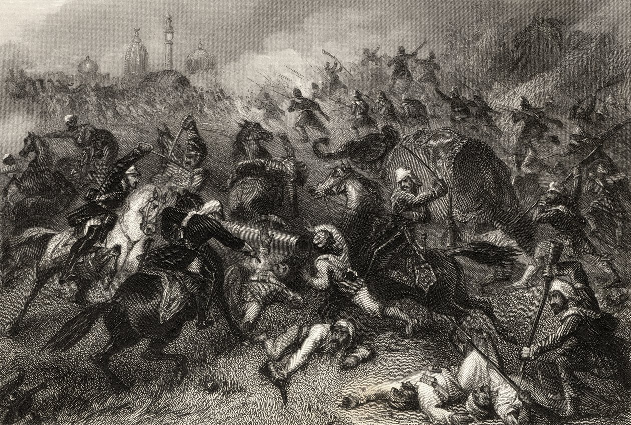Kolumna Havelocka atakująca buntowników przed Cawnpore w 1857 r., z „Historii indyjskiego buntu”, opublikowanej w 1858 r. autorstwa English School
