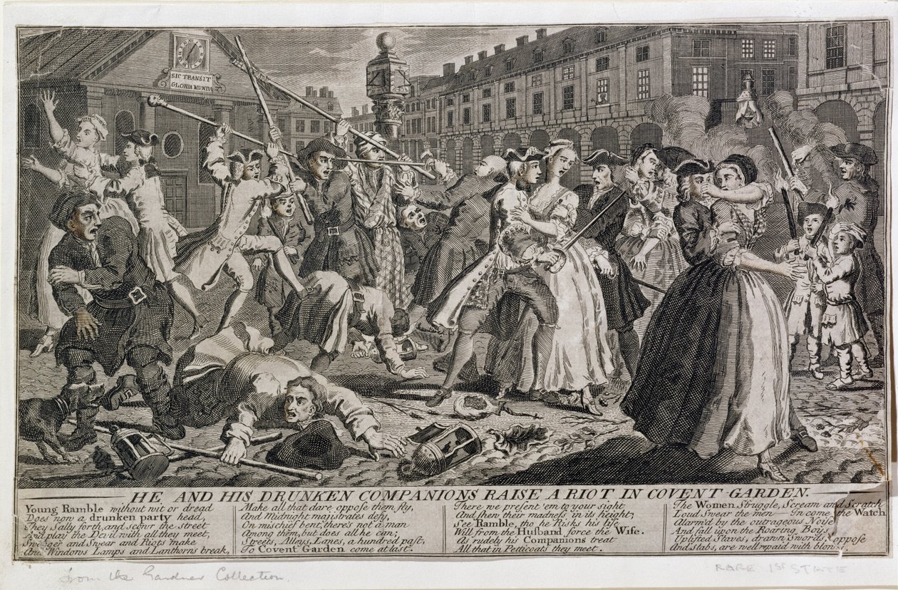 On i jego pijani towarzysze wzniecają zamieszki w Covent Garden, 1735 autorstwa English School