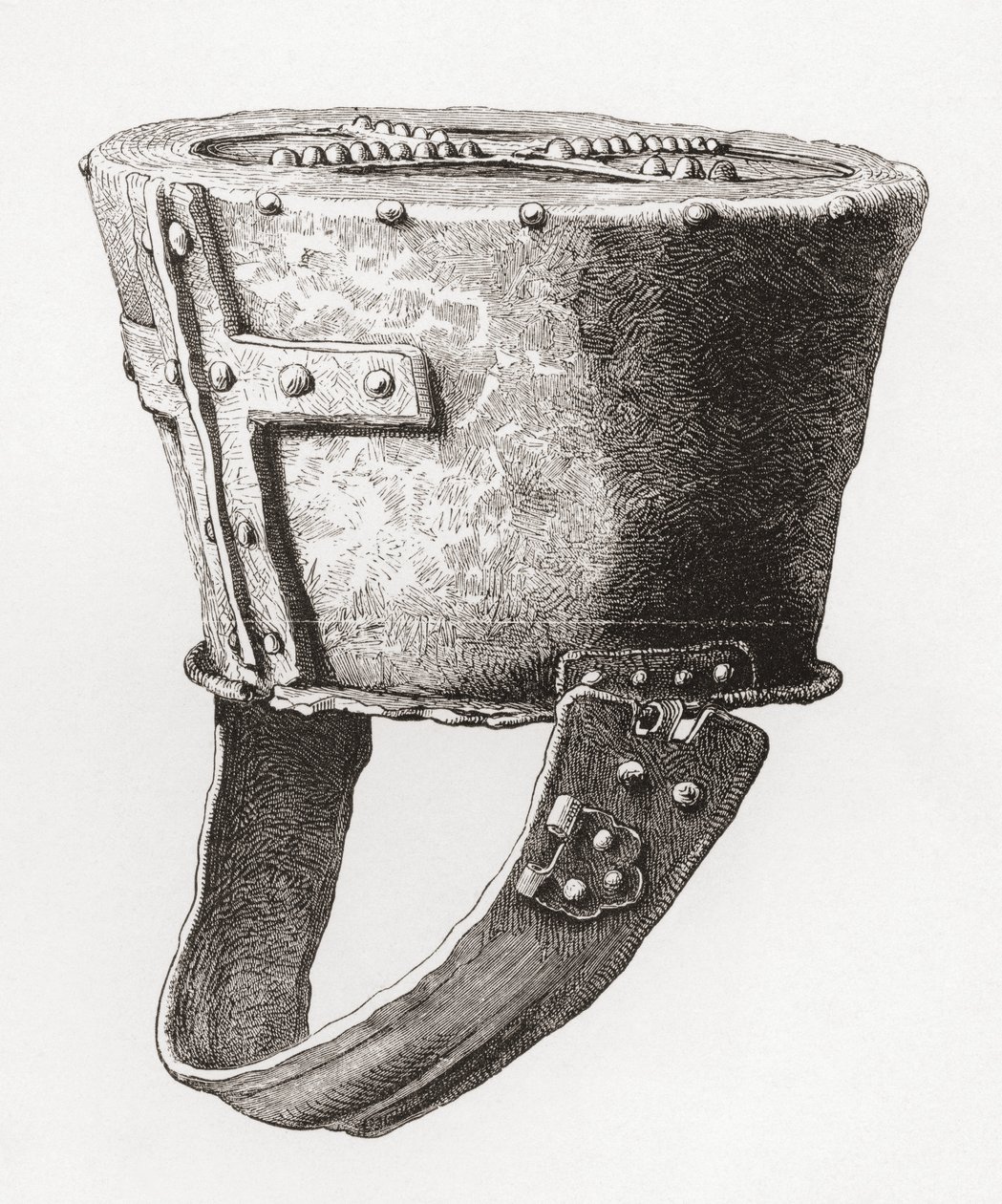 Hełm z zamku Pomeroy w Anglii, pochodzący z ok. XII wieku, z książki The British Army: Its Origins, Progress and Equipment, opublikowanej w 1868 r. autorstwa English School