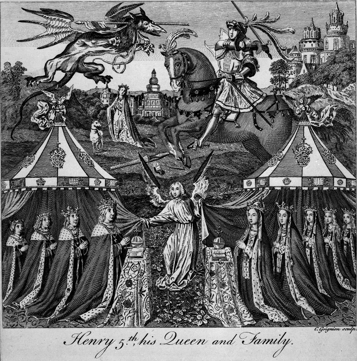 Henryk V, jego królowa i rodzina, ryty przez Charlesa Grigniona (1717-1810) autorstwa English School