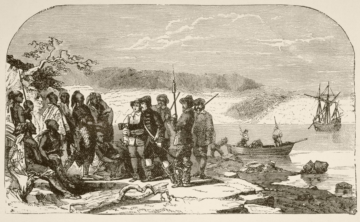 Henry Hudson oferuje Indianom alkohol w 1609 roku (litho) autorstwa English School